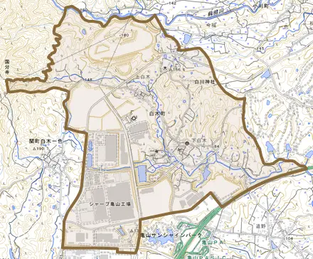 白木町とその周辺の地図。町の範囲を重ねている