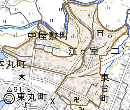 江ヶ室とその周辺の地図。町の範囲を重ねている