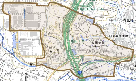 太岡寺町とその周辺の地図。町の範囲を重ねている