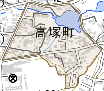 高塚町とその周辺の地図。町の範囲を重ねている