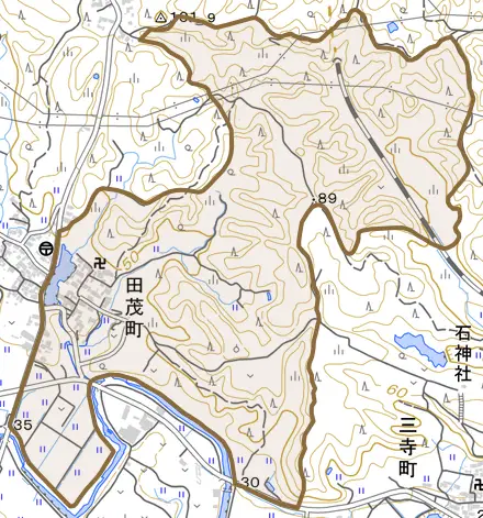 田茂町とその周辺の地図。町の範囲を重ねている