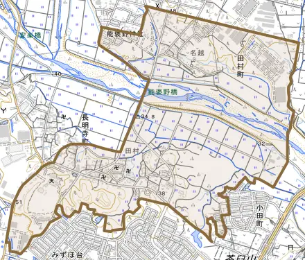 田村町とその周辺の地図。町の範囲を重ねている