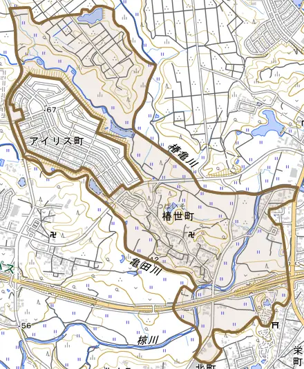 椿世町とその周辺の地図。町の範囲を重ねている