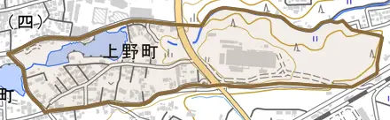 上野町とその周辺の地図。町の範囲を重ねている