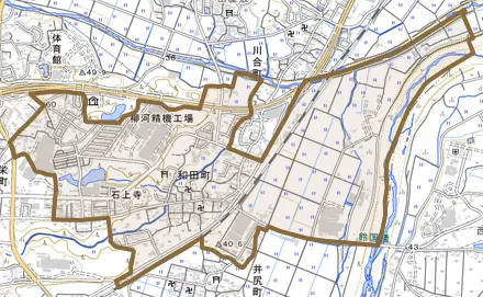 和田町とその周辺の地図。町の範囲を重ねている