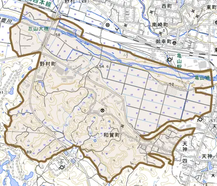 和賀町とその周辺の地図。町の範囲を重ねている