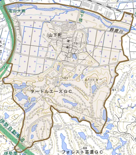 山下町とその周辺の地図。町の範囲を重ねている