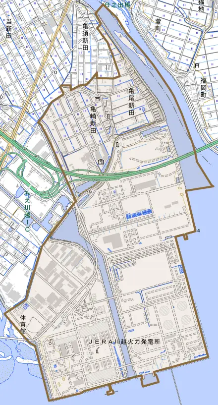 大字亀崎新田とその周辺の地図。町の範囲を重ねている