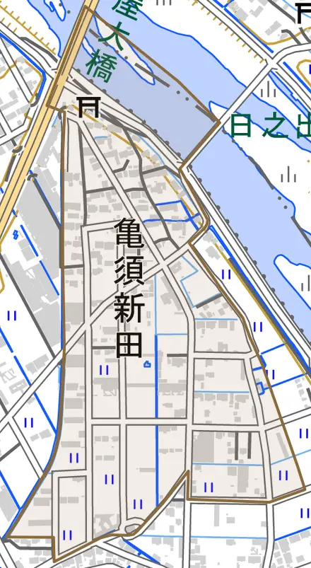 大字亀須新田とその周辺の地図。町の範囲を重ねている