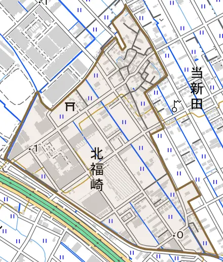 大字北福崎とその周辺の地図。町の範囲を重ねている