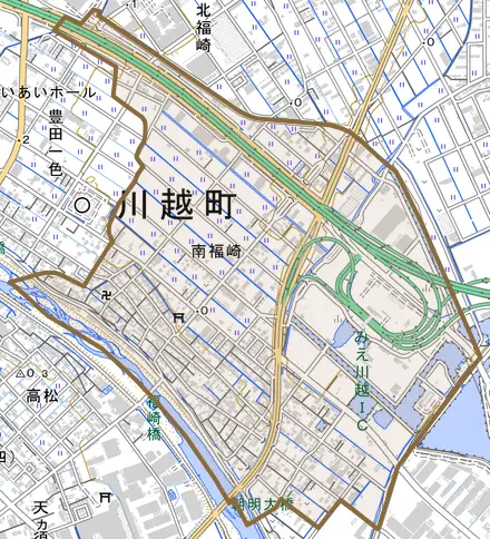 大字南福崎とその周辺の地図。町の範囲を重ねている