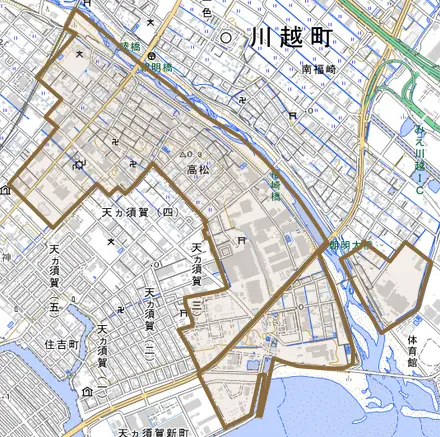 大字高松とその周辺の地図。町の範囲を重ねている