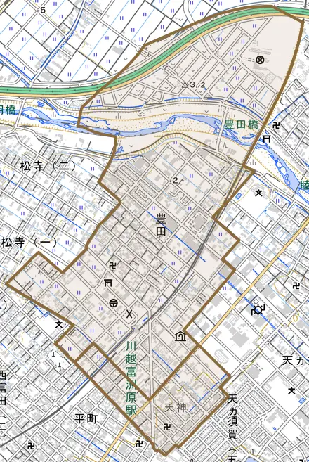 大字豊田とその周辺の地図。町の範囲を重ねている