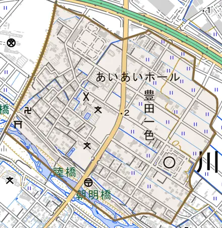 大字豊田一色とその周辺の地図。町の範囲を重ねている