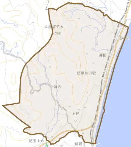 井田とその周辺の地図。町の範囲を重ねている