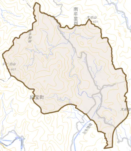 桐原とその周辺の地図。町の範囲を重ねている