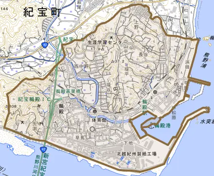 鵜殿とその周辺の地図。町の範囲を重ねている