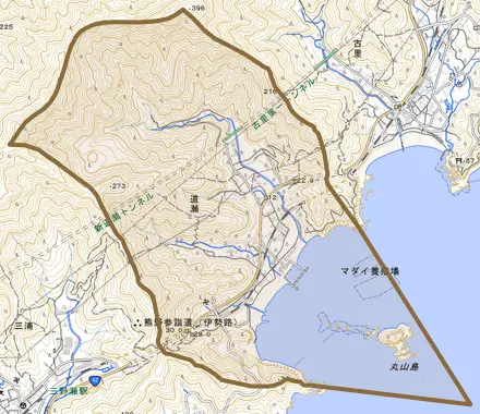 道瀬とその周辺の地図。町の範囲を重ねている