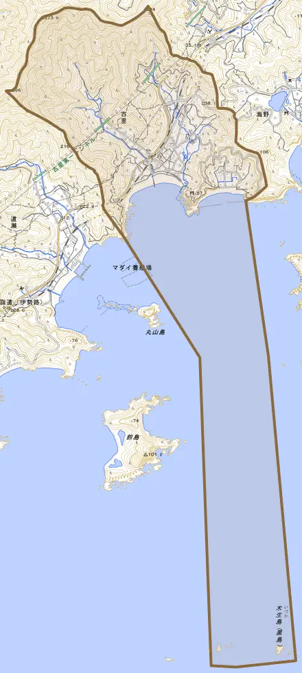 古里とその周辺の地図。町の範囲を重ねている