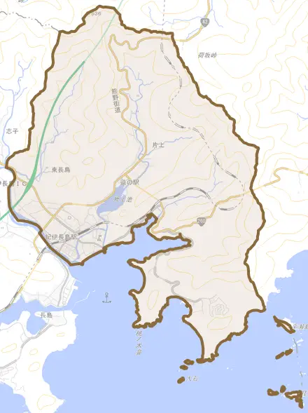 東長島とその周辺の地図。町の範囲を重ねている
