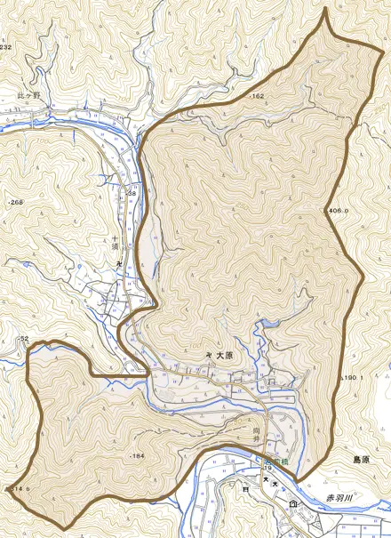 大原とその周辺の地図。町の範囲を重ねている