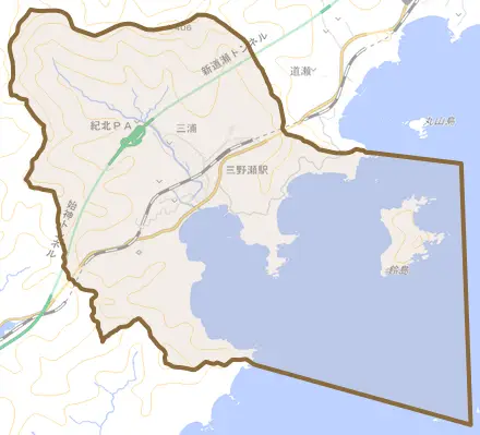 三浦とその周辺の地図。町の範囲を重ねている