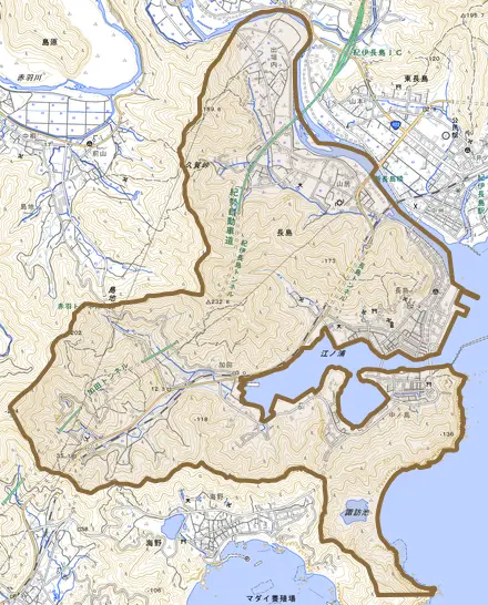 長島とその周辺の地図。町の範囲を重ねている