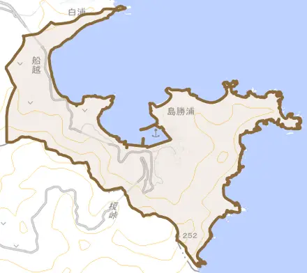 大字島勝浦とその周辺の地図。町の範囲を重ねている