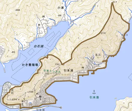 大字引本浦とその周辺の地図。町の範囲を重ねている