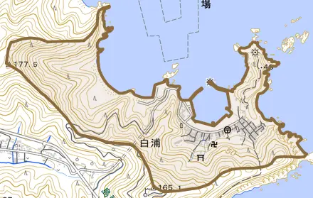 大字白浦とその周辺の地図。町の範囲を重ねている