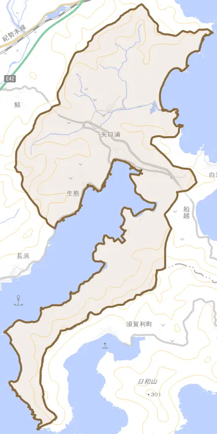 大字矢口浦とその周辺の地図。町の範囲を重ねている