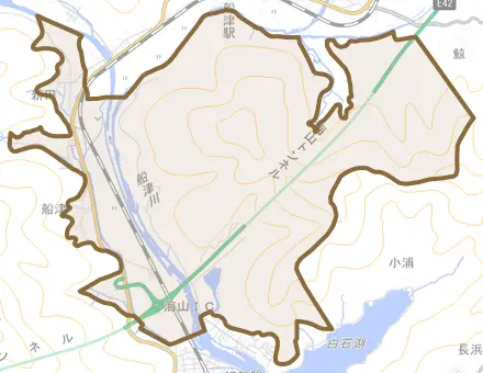 大字船津とその周辺の地図。町の範囲を重ねている
