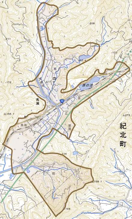 大字馬瀬とその周辺の地図。町の範囲を重ねている