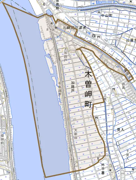 大字加路戸とその周辺の地図。町の範囲を重ねている