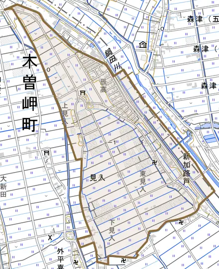 大字見入とその周辺の地図。町の範囲を重ねている
