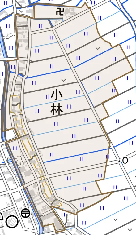 大字小林とその周辺の地図。町の範囲を重ねている