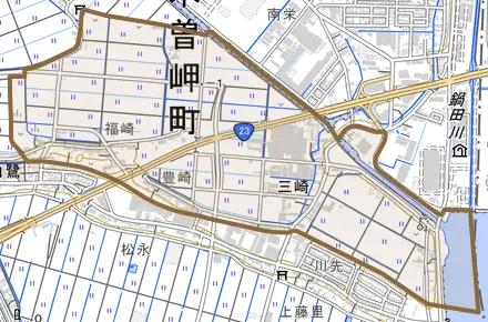 大字三崎とその周辺の地図。町の範囲を重ねている