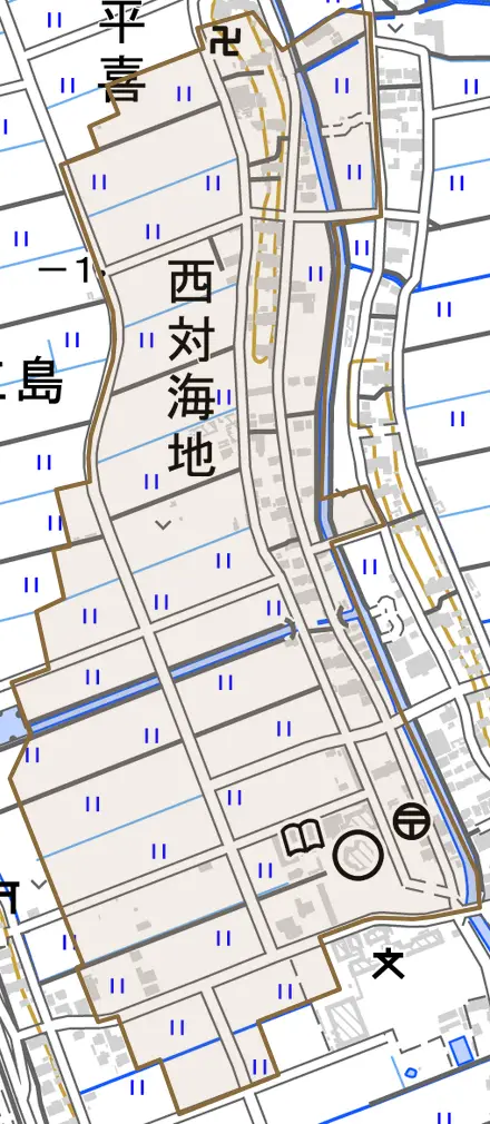 大字西対海地とその周辺の地図。町の範囲を重ねている