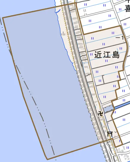 大字近江島とその周辺の地図。町の範囲を重ねている
