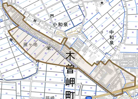 大字栄とその周辺の地図。町の範囲を重ねている