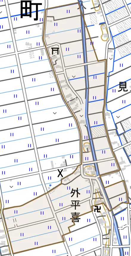 大字外平喜とその周辺の地図。町の範囲を重ねている