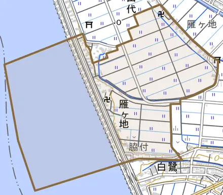 大字雁ヶ地とその周辺の地図。町の範囲を重ねている