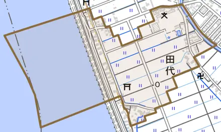 大字田代とその周辺の地図。町の範囲を重ねている