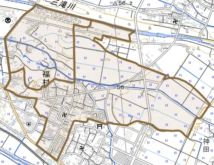 大字福村とその周辺の地図。町の範囲を重ねている