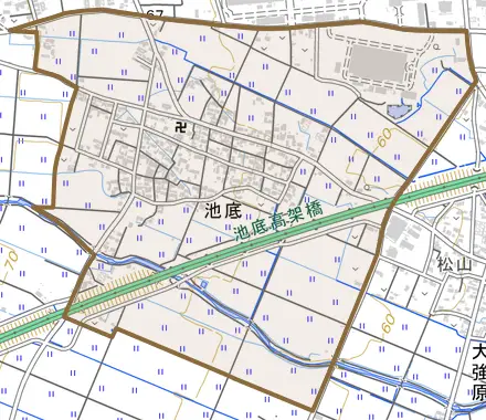 大字池底とその周辺の地図。町の範囲を重ねている
