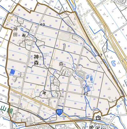 大字神森とその周辺の地図。町の範囲を重ねている
