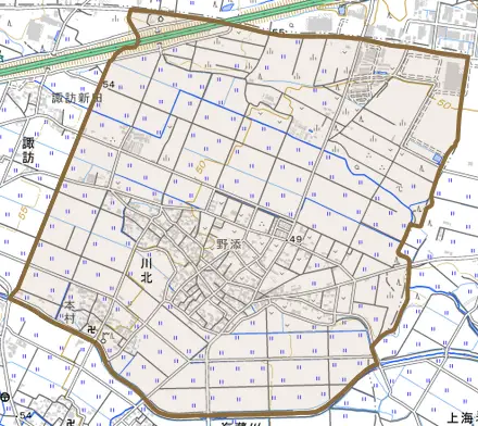 大字川北とその周辺の地図。町の範囲を重ねている