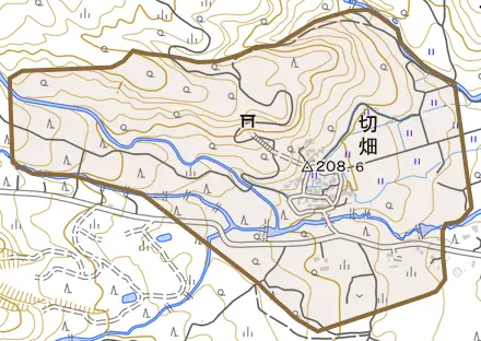大字切畑とその周辺の地図。町の範囲を重ねている