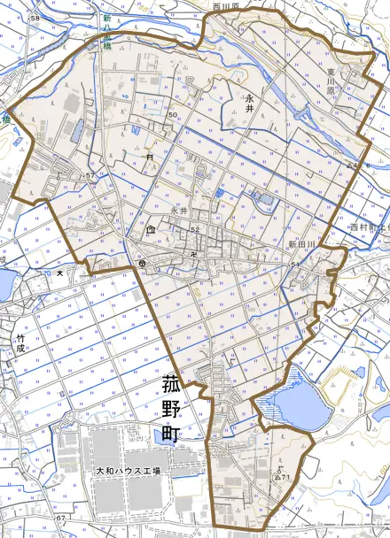 大字永井とその周辺の地図。町の範囲を重ねている