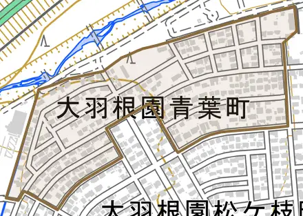 大羽根園青葉町とその周辺の地図。町の範囲を重ねている